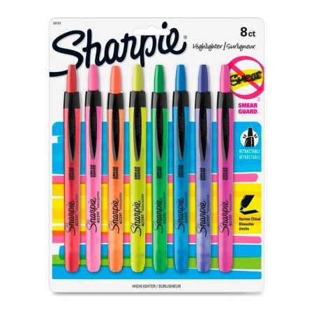 Sanford Sharpie  Accent Retractable Highlighter, Narrow Chisel Tip, Assorted Ink, 8/Set 28101